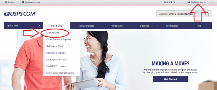 click n ship menu, How to make a USPS shipping label