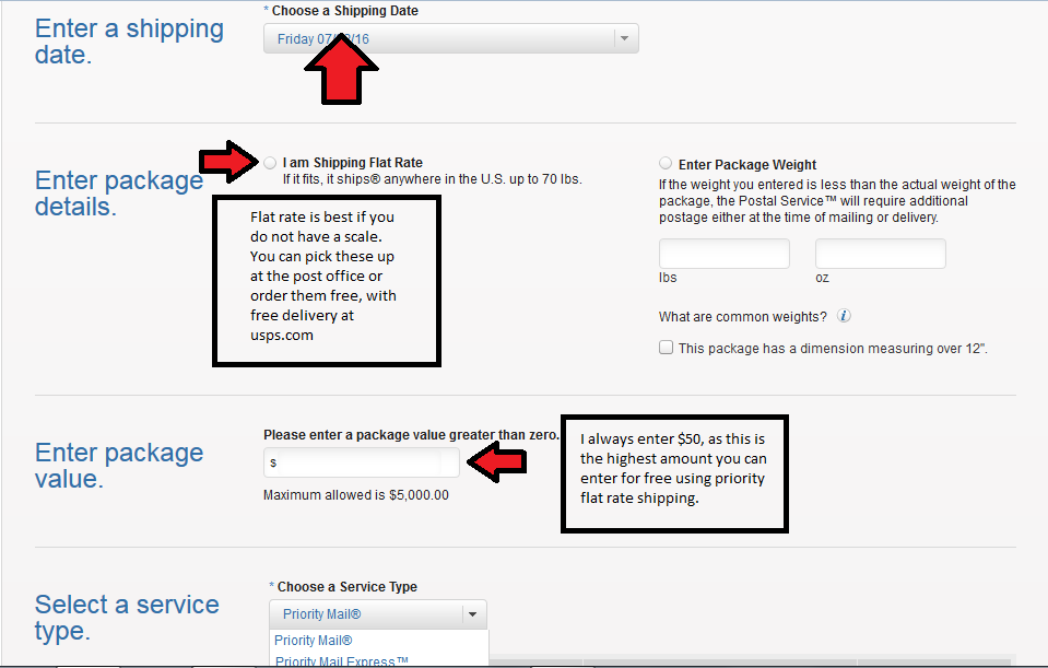 How to make a USPS shipping label, package weight and value form