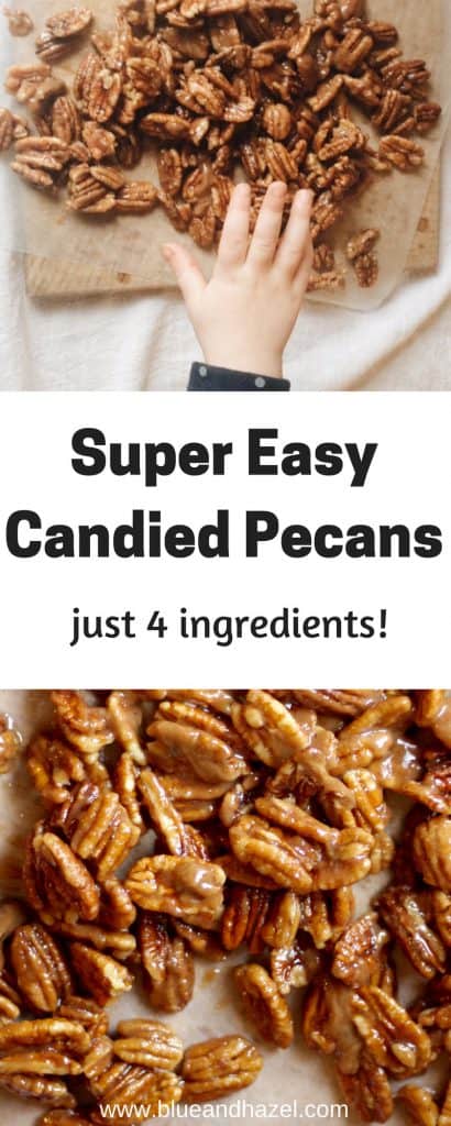 How to make quick and easy Candied Pecans with just a few ingredients and no baking needed. Stovetop candied pecans. #candiedpecans #pecans #saladtoppings #blueandhazel