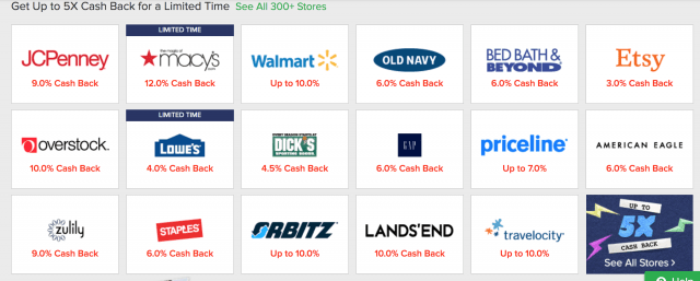 A screenshot of different stores Ebates Cash back amounts