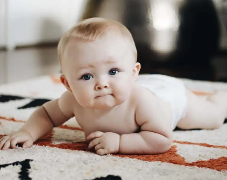 a close up of a baby crawling on a lorena canals soft rug