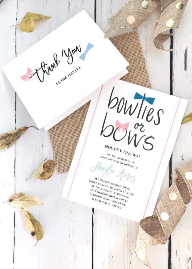 Gender reveal invitations and matching thank you cards from Basic Invite. 