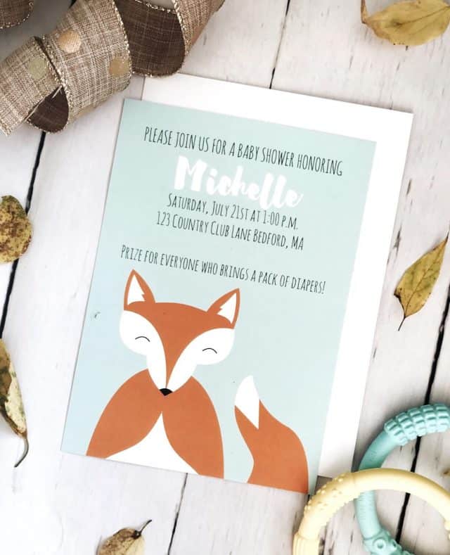 Woodland fox baby shower invitation with teal background by Basic Invite