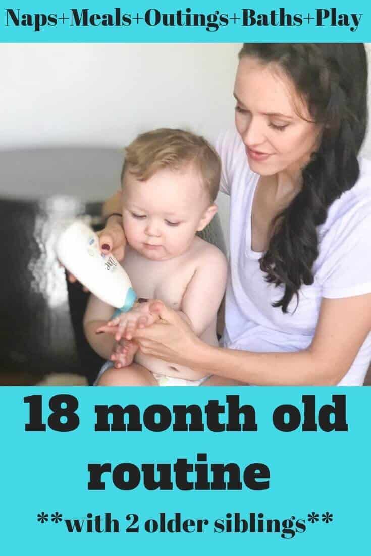 Love this 18 month old routine for a baby with older siblings! Includes an 18 month old sleep schedule, and a very realistic day in the life of a stay at home mom with an 18 month old. #baby #toddler #18months #sahm #momlife #babysleep #blueandhazel #toddlers 