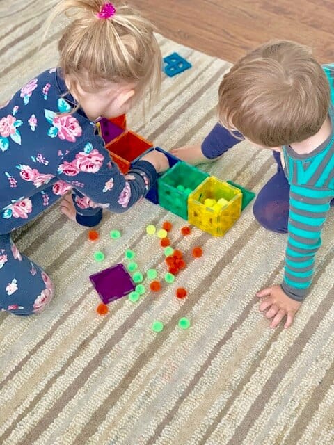 kids sorting pom pom balls for a busy toddler preschool year 1 activity