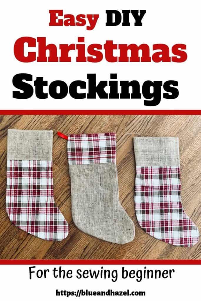 Pinterest Pin for christmas stocking tutorial showing burlap and red plaid christmas stockings