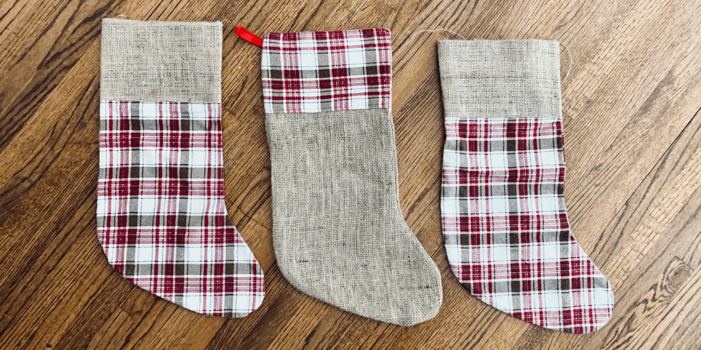 3 burlap and plaid print christmas stockings