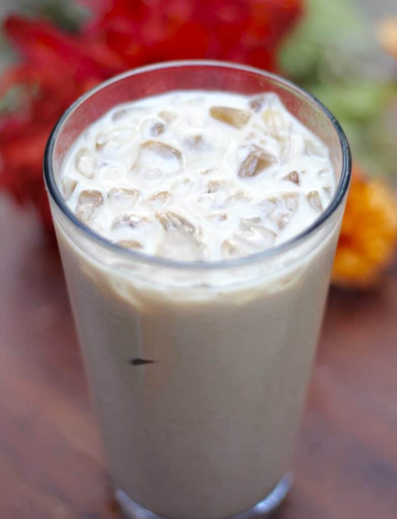 Iced coffee with homemade pumpkin spice creamer mixed in