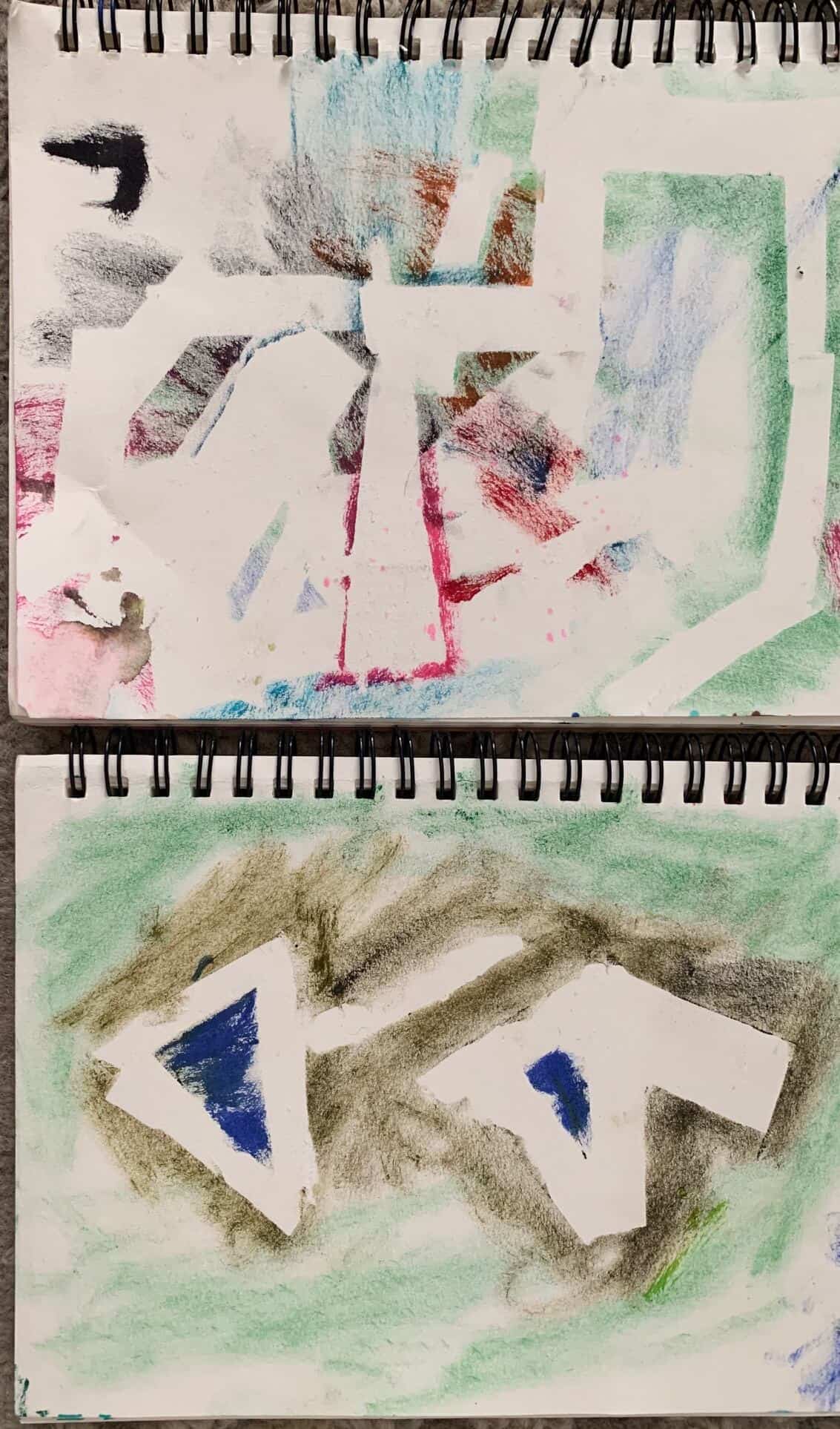 Tape Resist Art using watercolor pens inside of a small spiral notebook