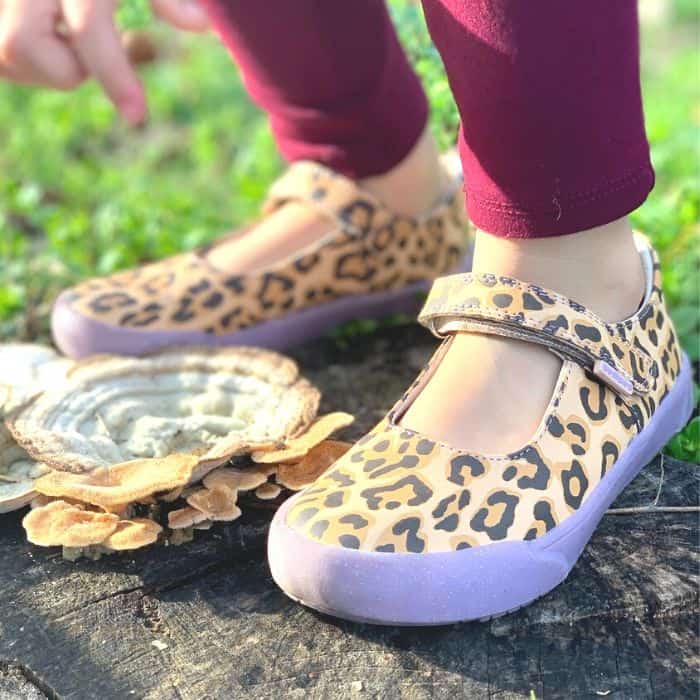 pediped mary jane style girl shoes with cheetah print and purple sole. 