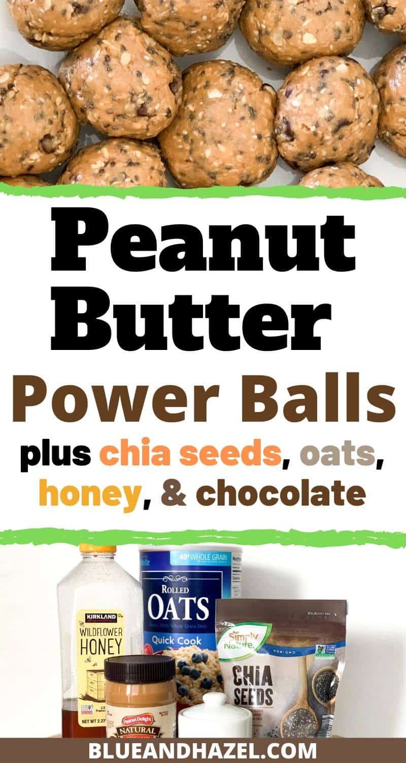 Peanut butter power ball recipe with peanut butter, chia seeds, oats, honey, and salt. 