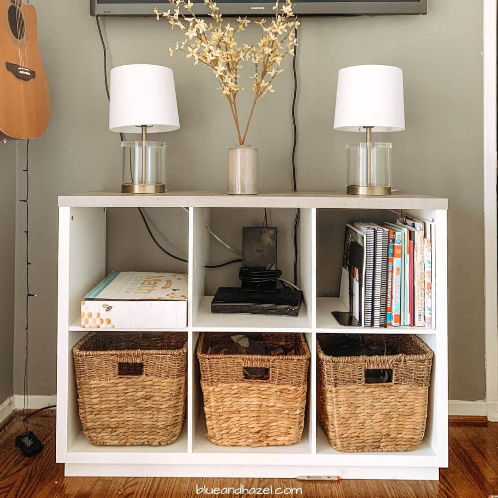 homeschool organization ideas using a cube shelf and baskets.