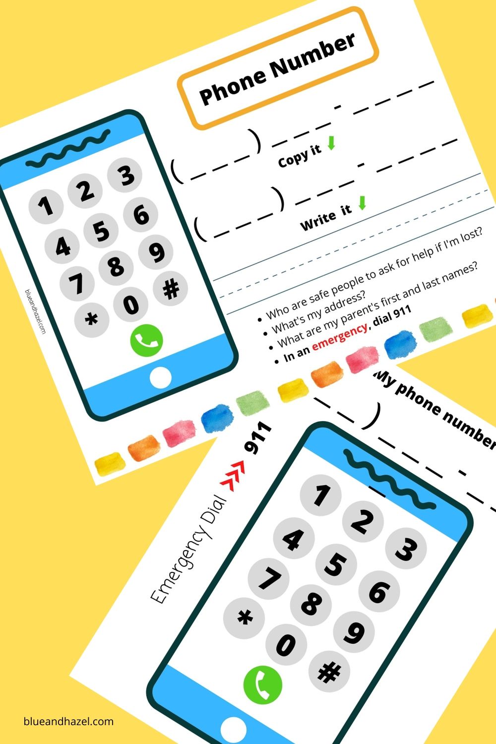 Phone Number Practice Printable Sheet: A perfect homeschool preschool activity on safety. Kids learn to memorize their phone number, press the buttons, and write their phone number. 