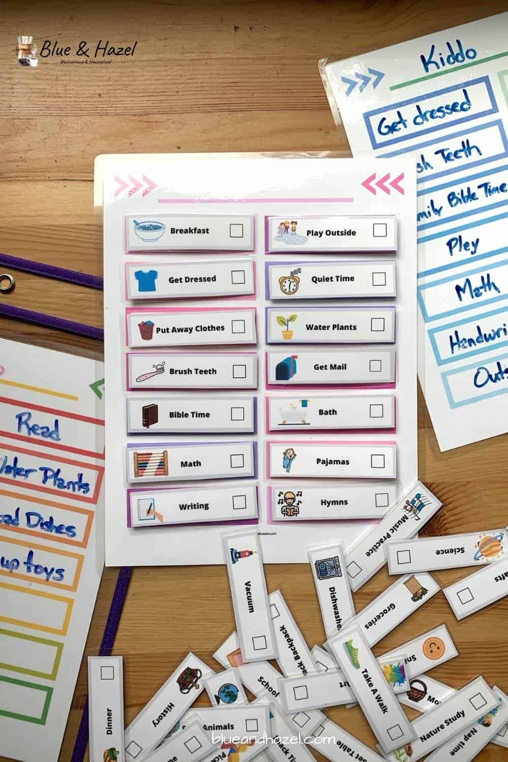 chore chart laminated in pink, blue, and rainbow