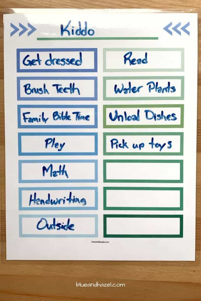 Laminated reusable chore chart for boys. Perfect for homeschool and for kids who can read. 