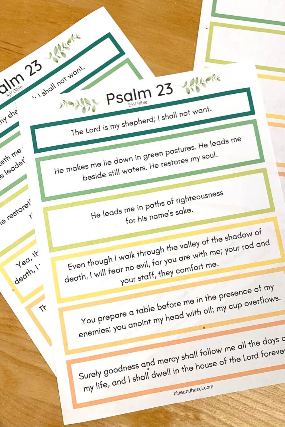 Psalm 23 printable for memory work, including KJV & ESV versions. 