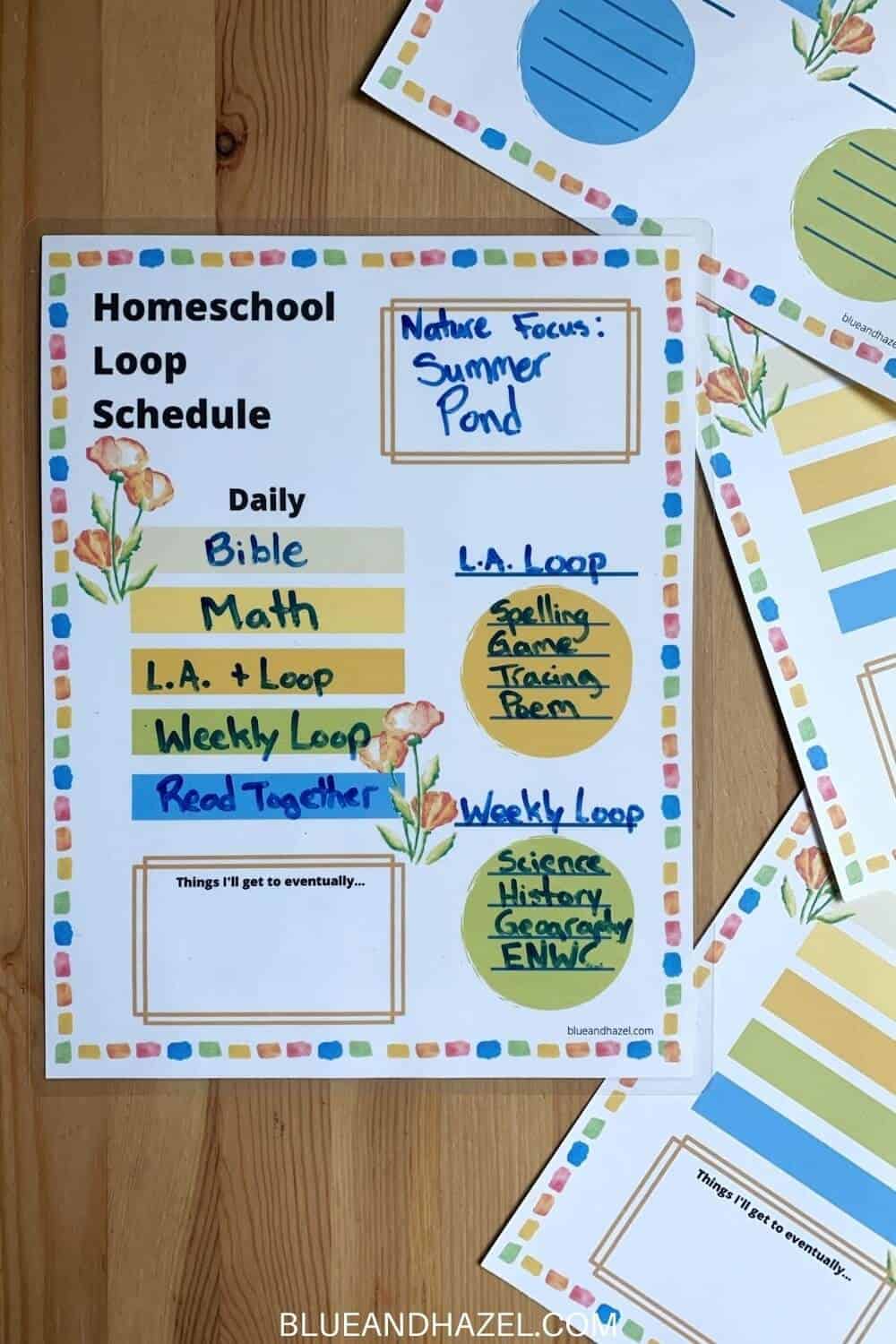 homeschool loop schedule to help organize your day. This loop schedule has a daily subject list and 1-4 loops you can customize. It's the perfect blend of not having to worry about doing a certain topic on a certain day, while still getting to all your school subjects. 