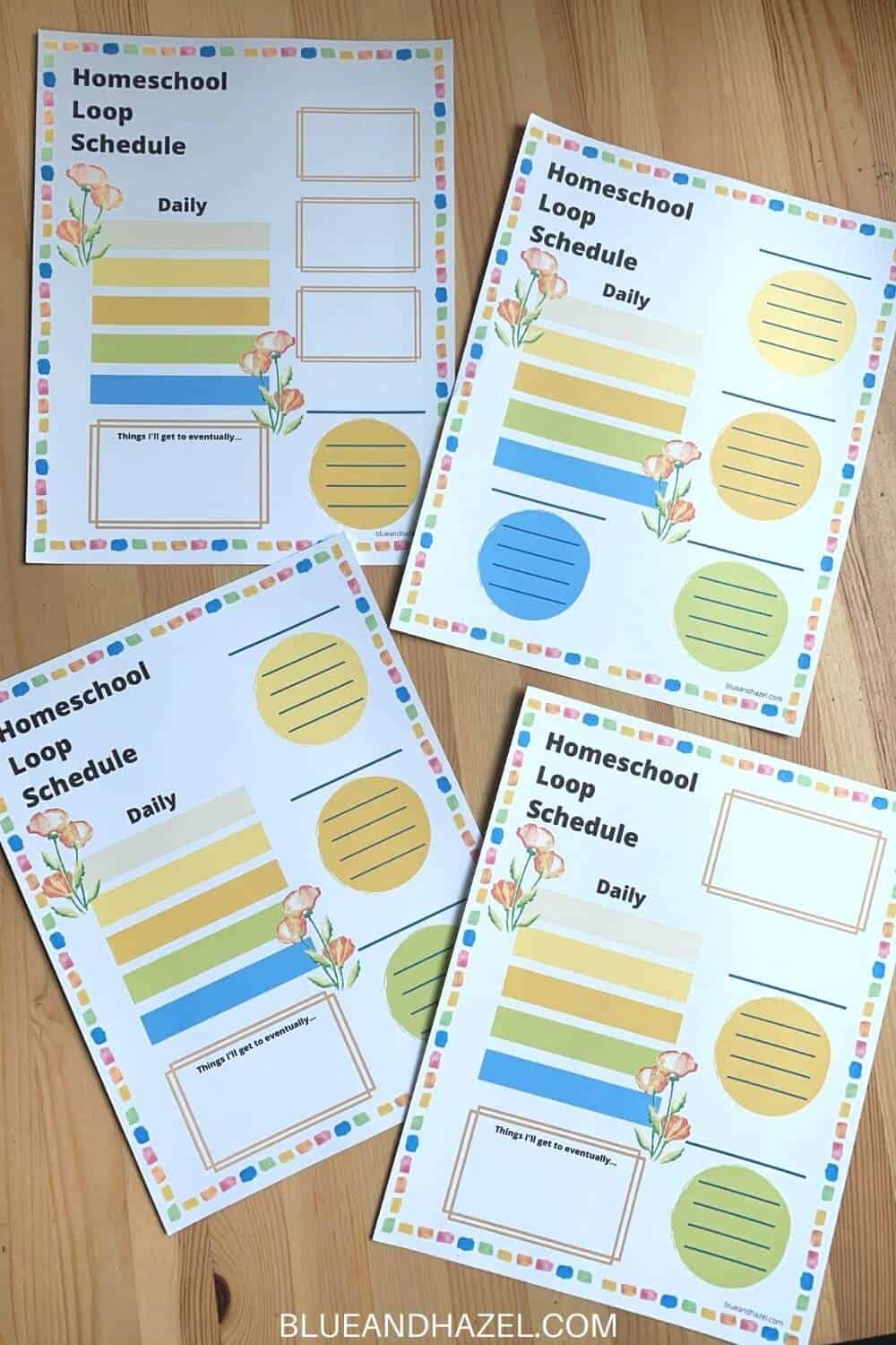 4 versions of a homeschool loop schedule, with 1-4 loop options. 