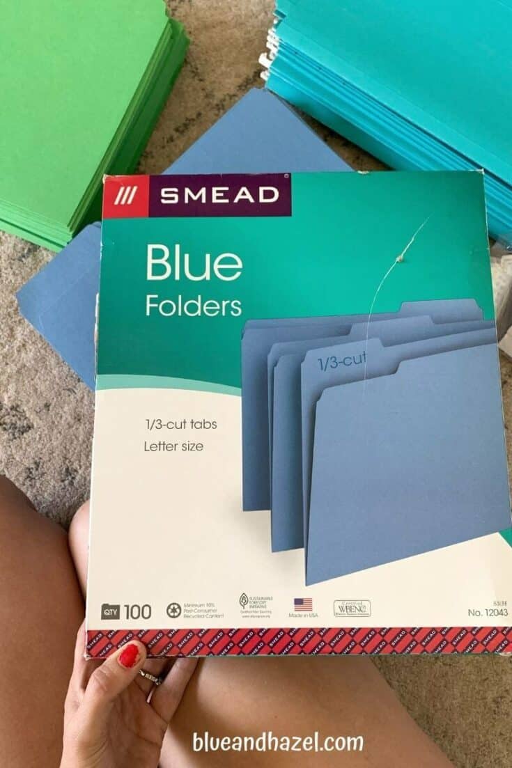 blue smead folders used to organize homeschool curriculum