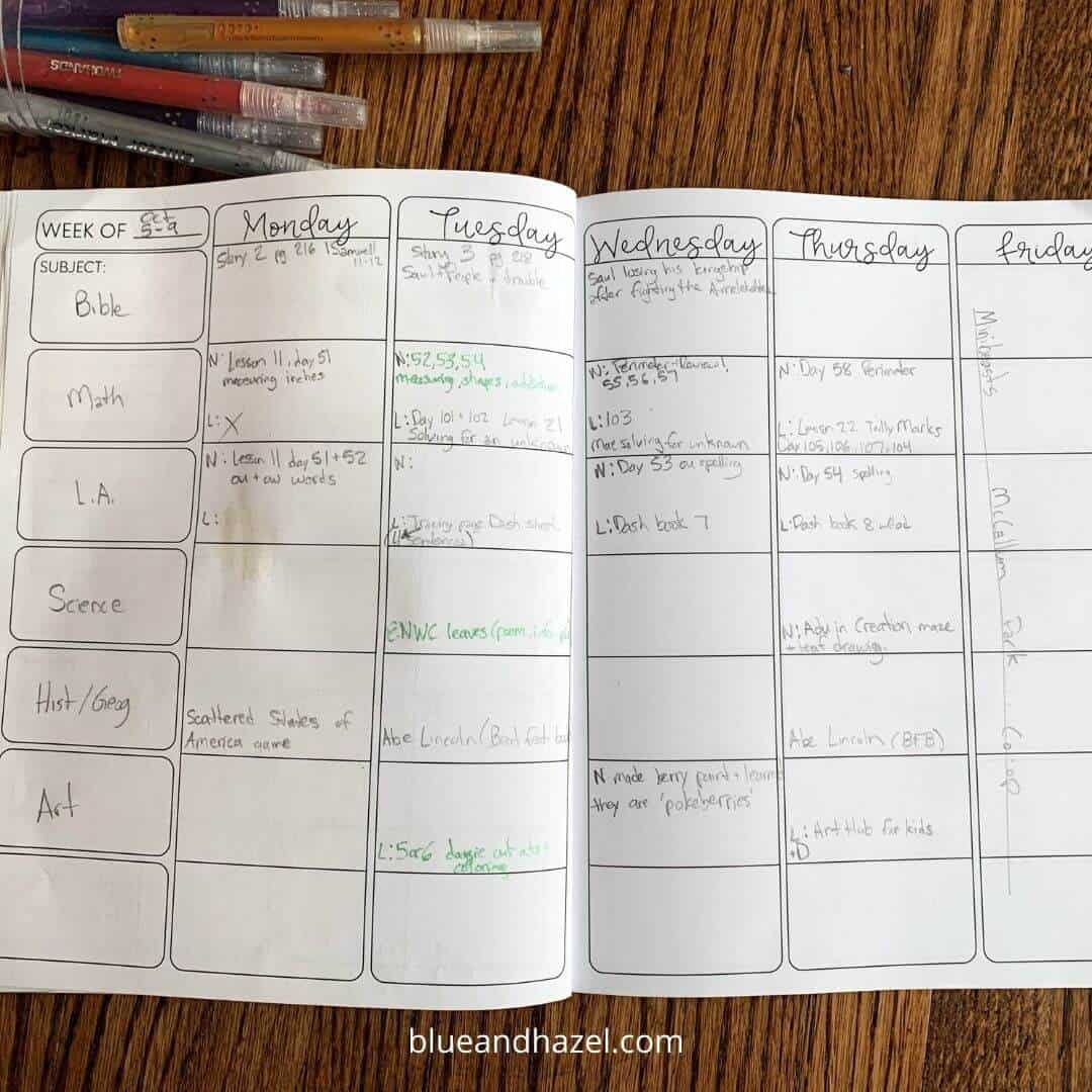 Inside one week of a homeschool planner showing reverse planning.