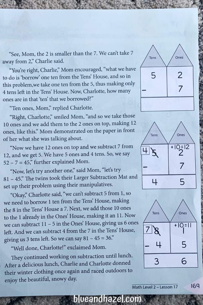 A living math story by Masterbooks that explains how to perform double digit subtraction using borrowing. 