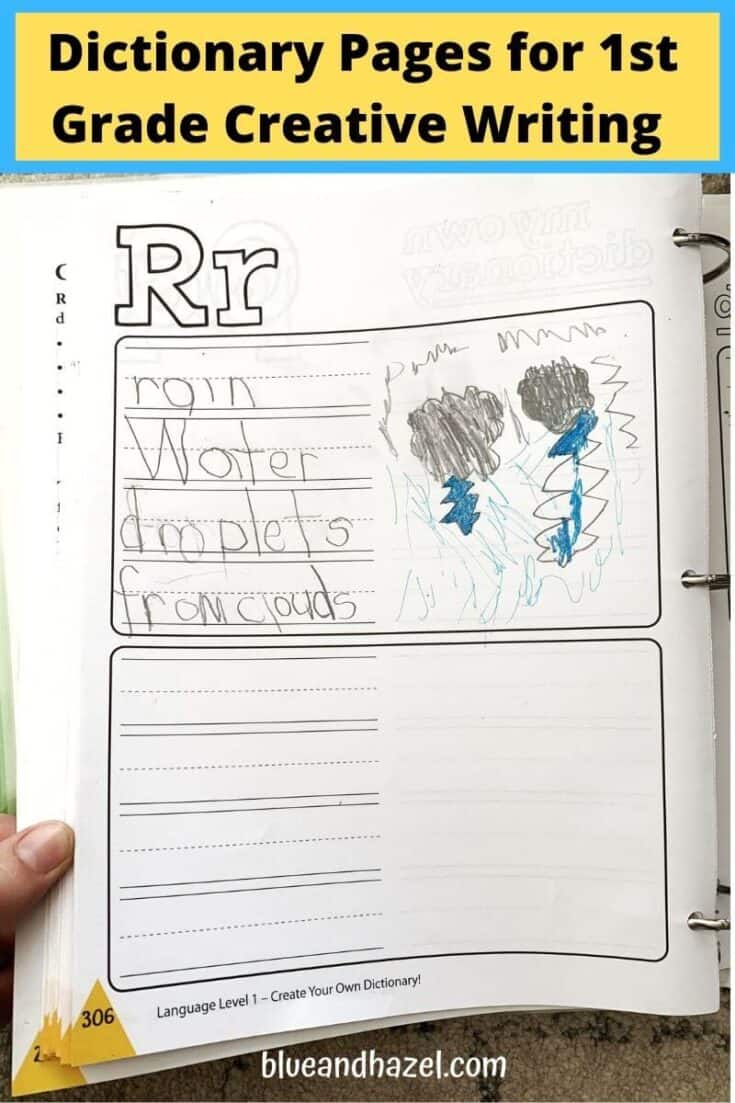 A 1st grader's paper with the word Rain, next to a picture of a thunder storm. 