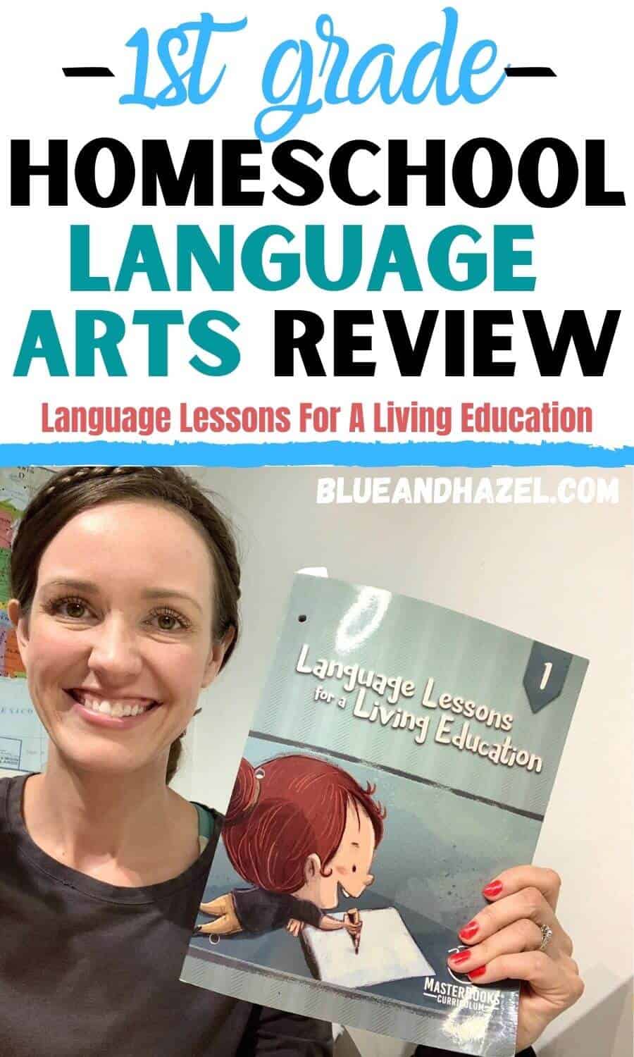 A homeschool mom holding up Language Lessons For A Living Education Level 1 while she reviews the homeschool curriculum. 