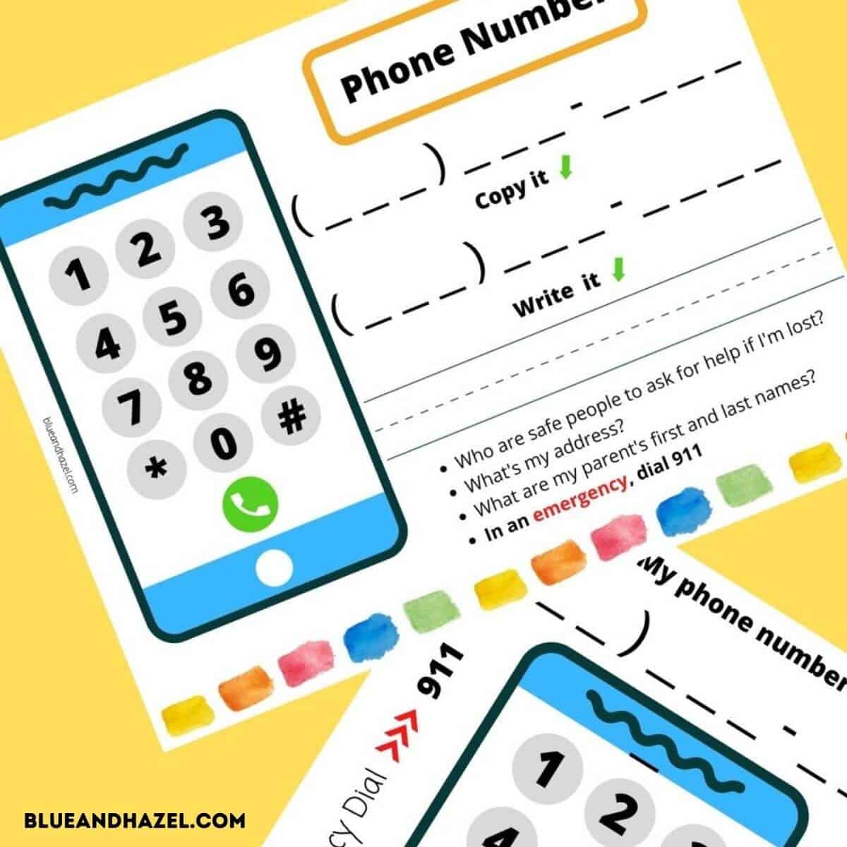 Phone number printable with a blue cell phone for preschoolers and kindergarteners to learn their parent's phone number