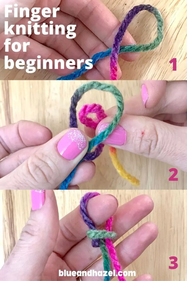 3 steps pictured showing how to get a slip knot started for finger knitting using rainbow yarn.