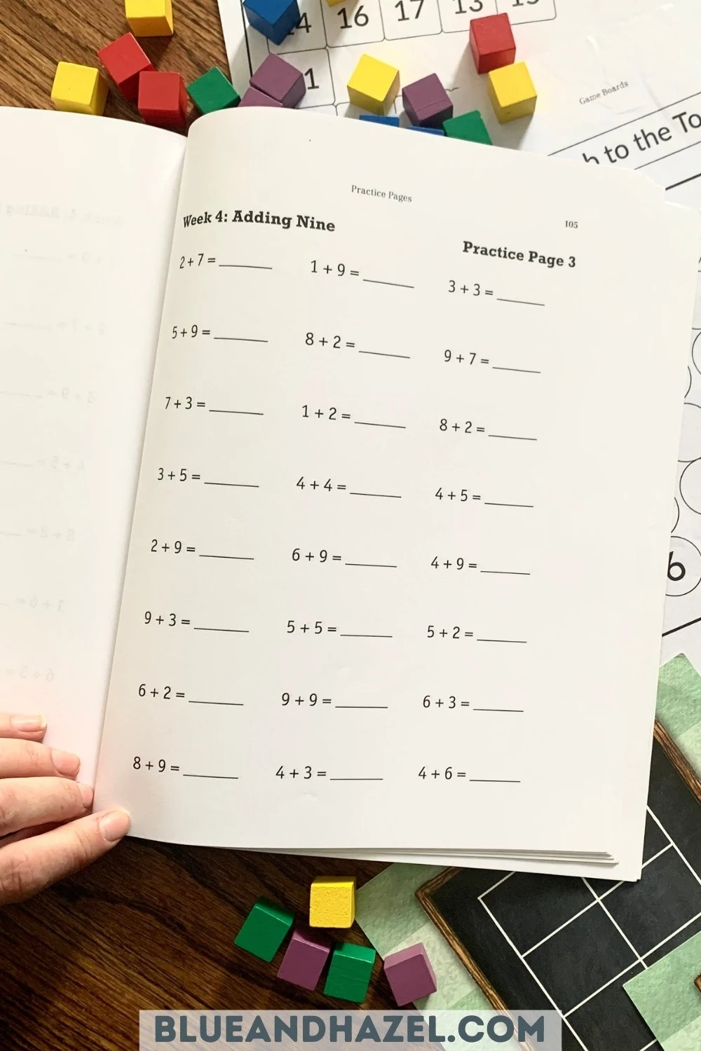 An addition math worksheet practicing +9 as well as some review of numbers adding up to 10. 