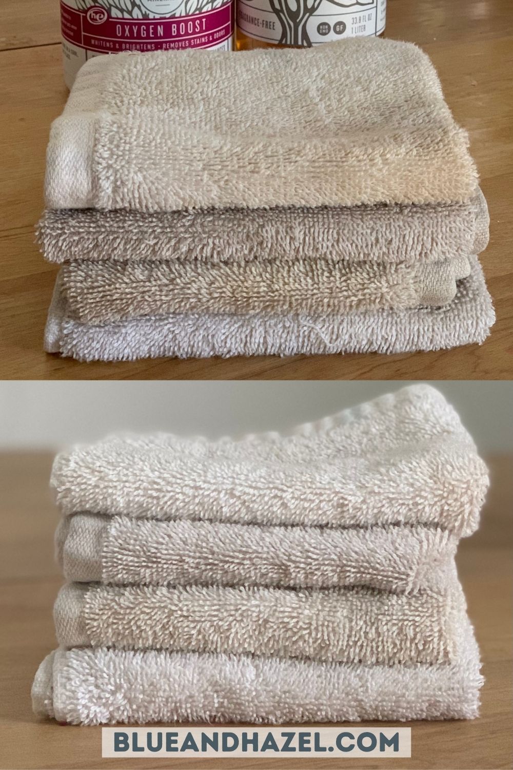 a stack of stained wash cloths before and after using Branch Basics oxygen boost to whiten them. 