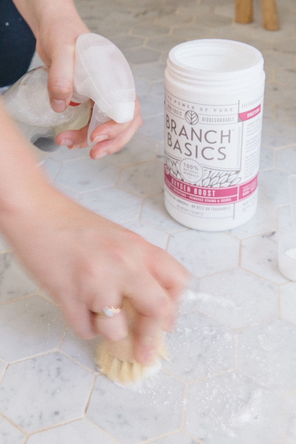 cleaning tile and grout using branch basics oxygen boost and bathroom spray