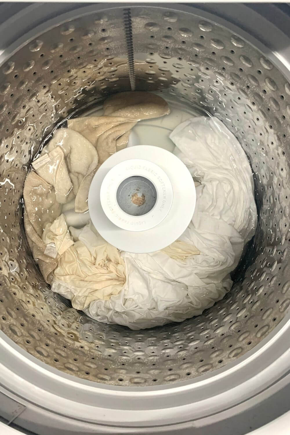 Stained white clothes soaking overnight in a washing machine with Branch Basics oxygen boost and branch basics concentrate. 