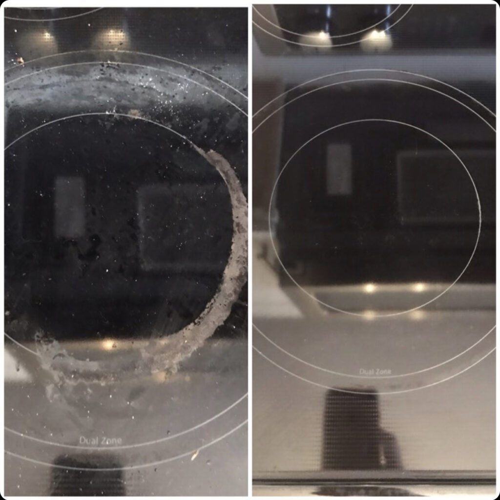 Glass stovetop before and after getting cleaned.