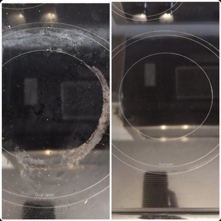 Glass stovetop before and after getting cleaned.