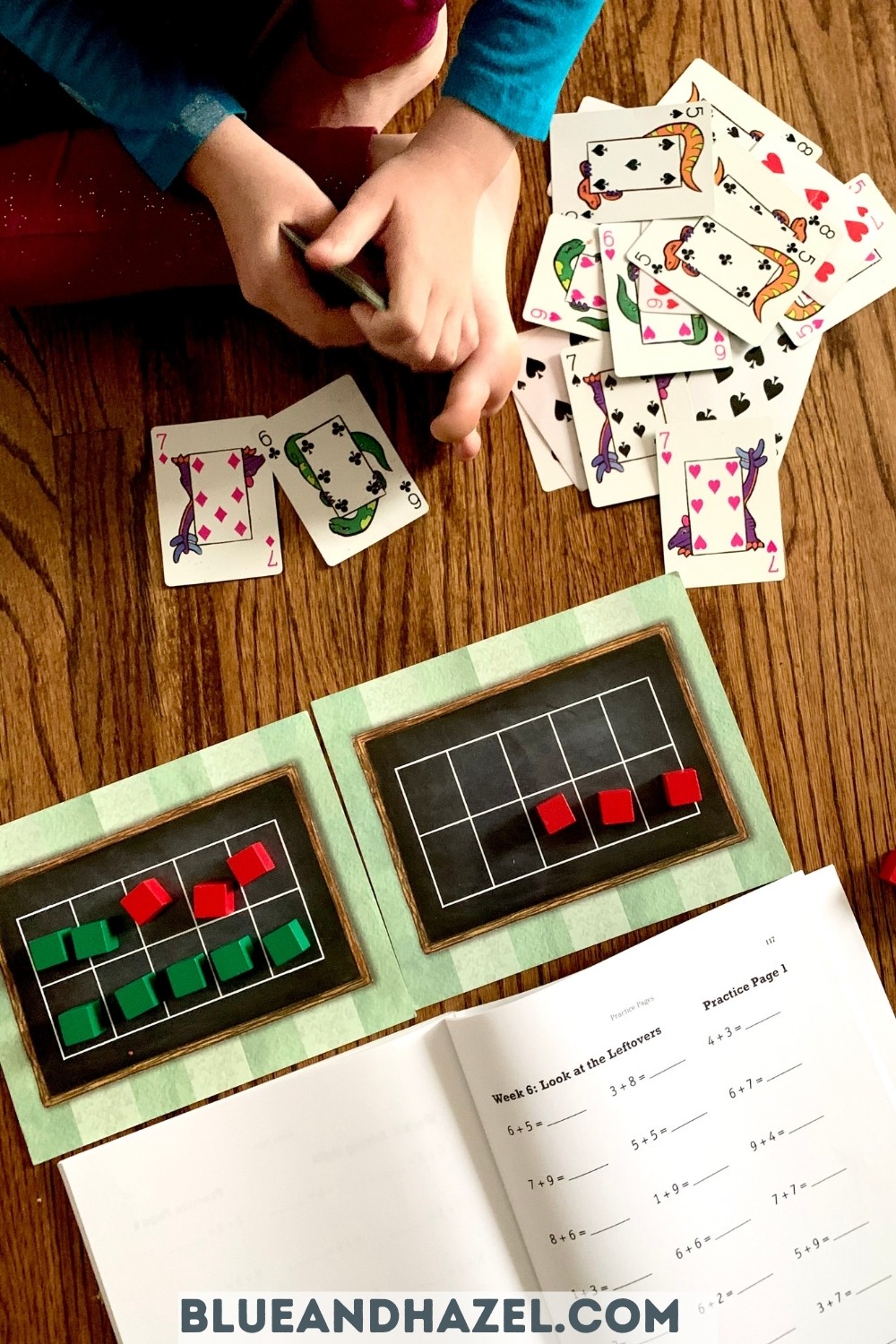 Math activities for memorizing math addition facts including math war, a math worksheet, and 10 frames with colorful blocks.