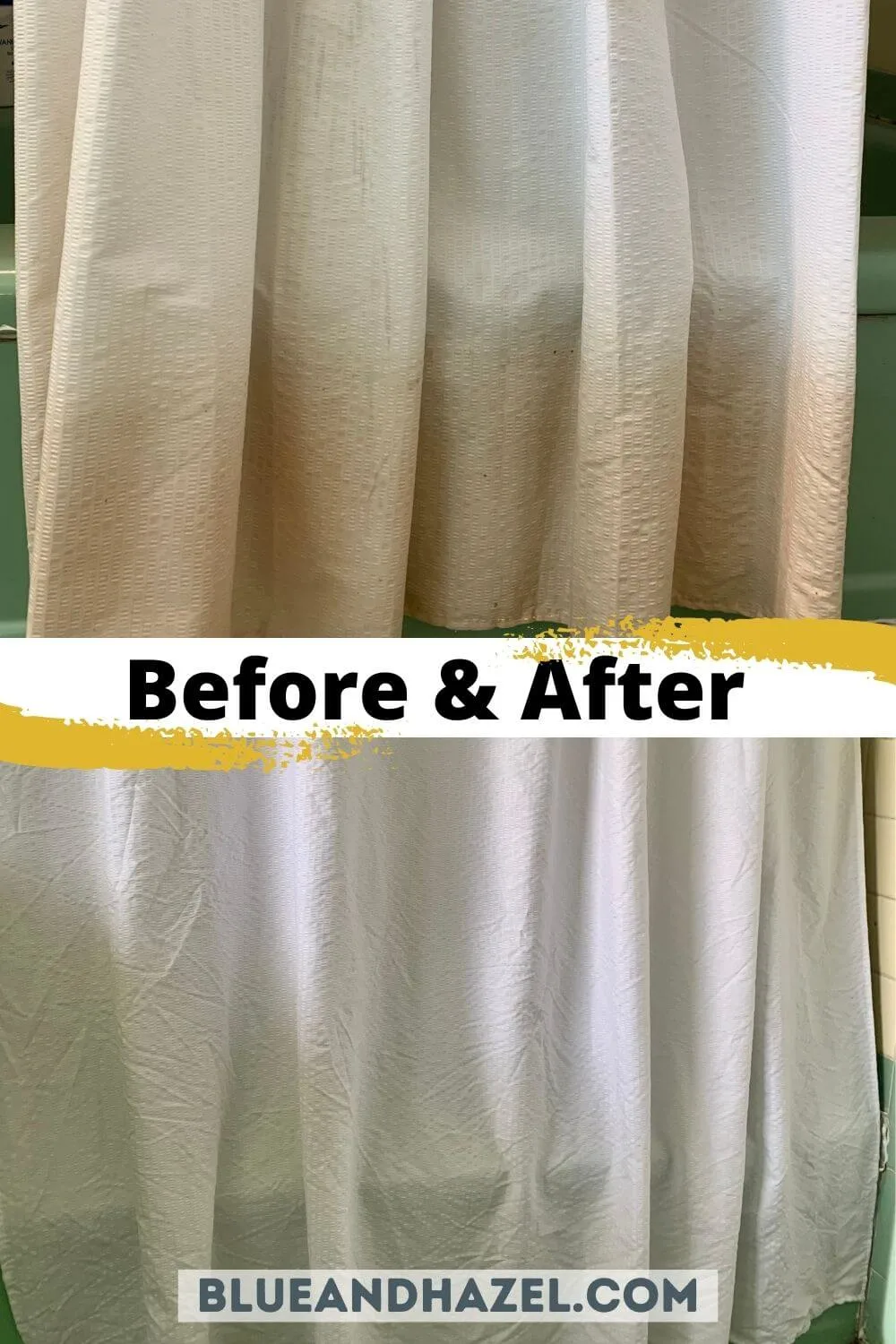 A stained shower curtain before and after soaking with branch basics oxygen boost and concentrate in a hot wash cycle. 