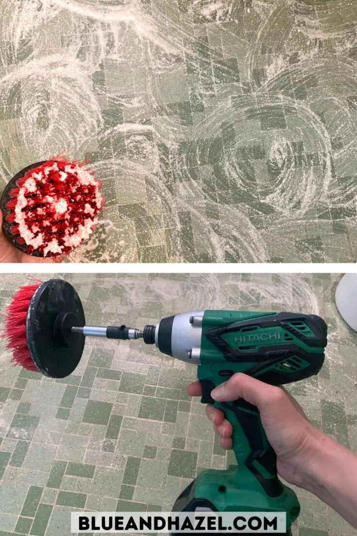 Branch Basics Oxygen Boost and bathroom cleaner used to clean a green 1960's style tile floor. 