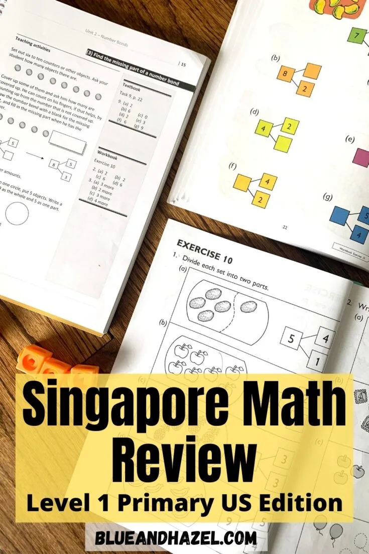 Level 1A Singapore Math textbook page open next to the workbook page and home instructor's guide. 