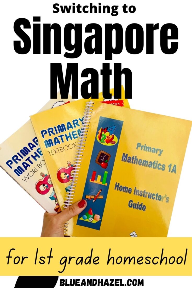 Singapore math home instructor's guide, textbook, and workbook held up with a white background. 