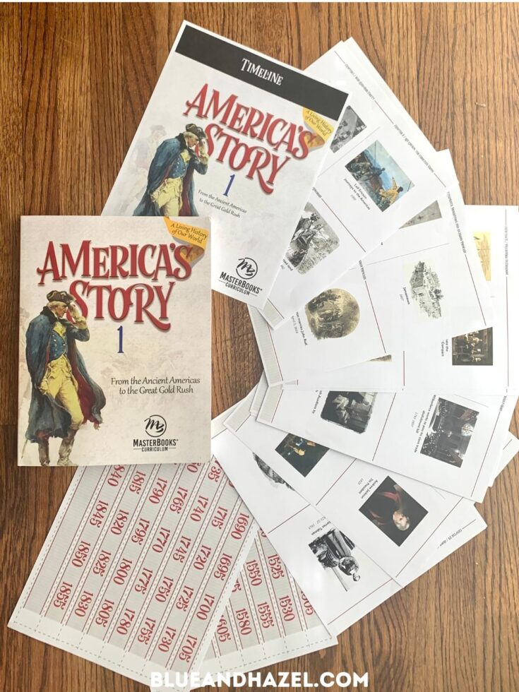America's Story 1 by masterbooks textbook next to timeline print outs