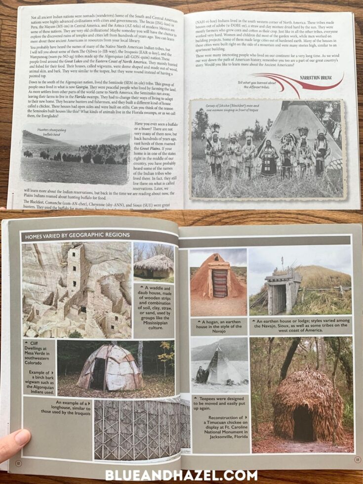 An early american history textbook opened up looking at homes made by native american's in different regions.  