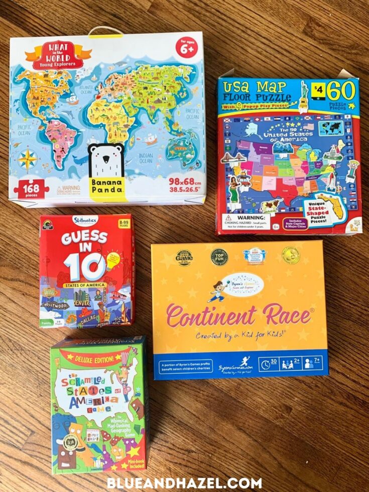 geography games for 1st and second graders spread out, including a world puzzle, U.S puzzle, scattered states of america, continent race, and guess in 10 america