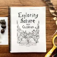 exploring nature with children curriculum next to feathers, cicada bugs, magnifying glass, and rocks