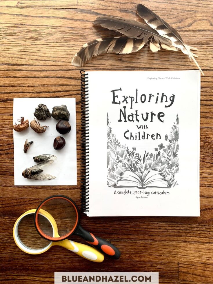 exploring nature with children curriculum next to 3 bird feathers, cicada bugs, chesnuts, and binoculars for kids.