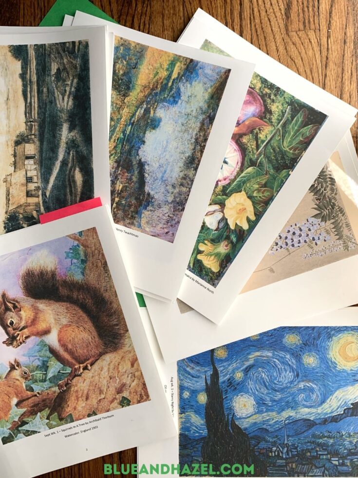 print outs of paintings including starry starry night, a squirrel, and landscapes.