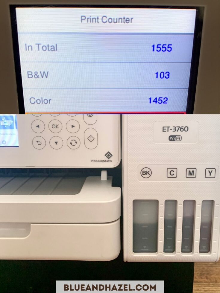 An Epson printer showing a close up of the ink tank over half full after 1500 color printed pages. 