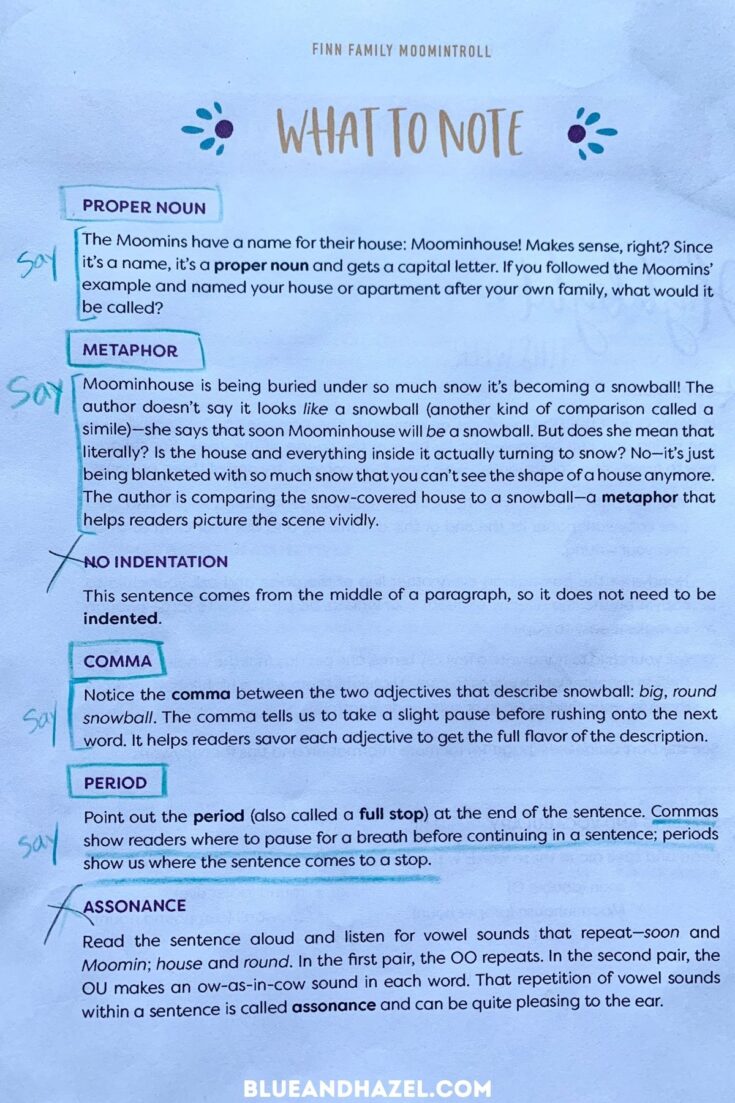 One page of the What To Note section of a Brae Writer Dart from the book Finn Family Moomintroll. 