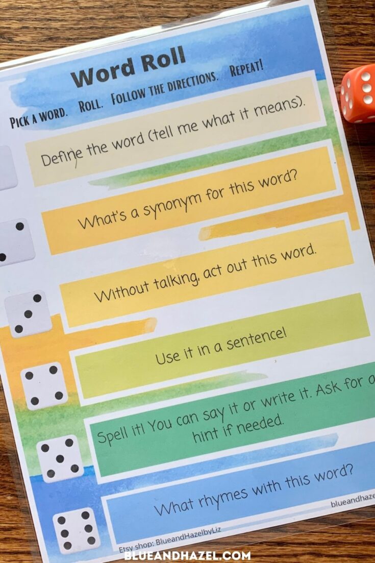 A colorful blue and green print out with instructions for playing a word game using dice.