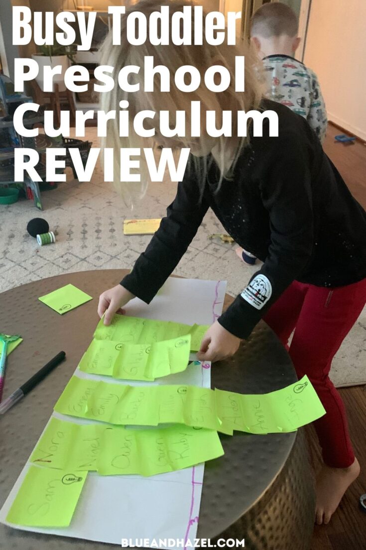 A toddler sorting green sticky notes with names on them by counting how many letters in each name. 